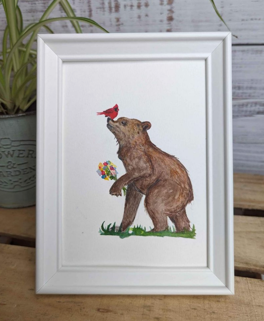 Bear and Cardinal Watercolor Painting - Framed