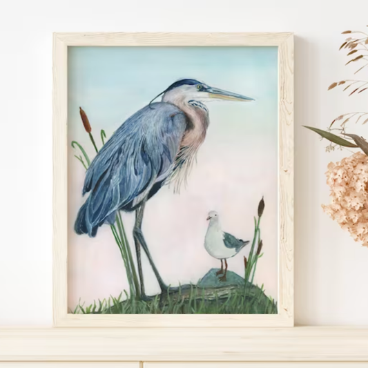 Blue Heron with Seagull Art Print