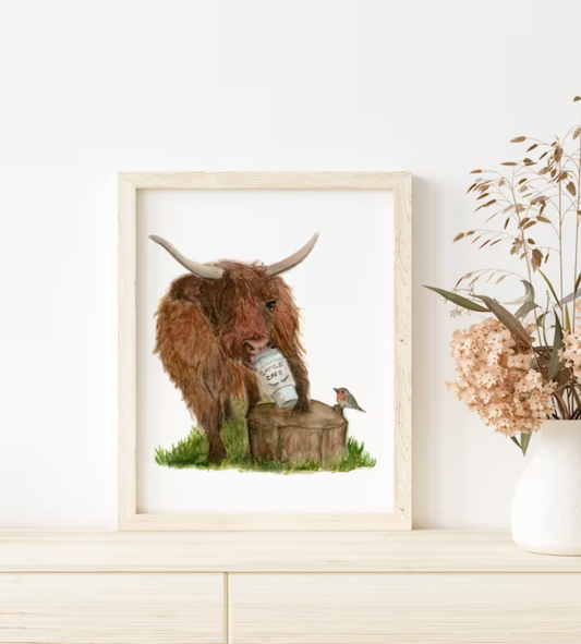 "Cattle Cafe" - Highland Cow and Robin Print